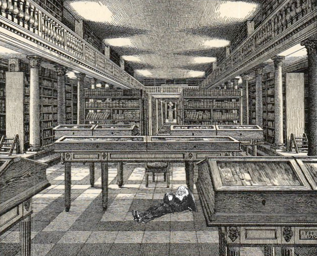 træt nisse sover på 
														biblioteket efter at
														 have trukket løjer hele dagen på akademikere